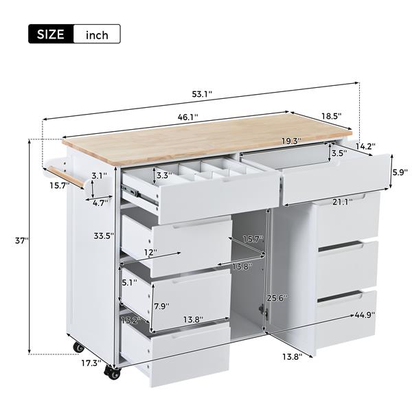 Kitchen Cart with Rubber Wood Countertop , Kitchen Island has 8 Handle-Free Drawers Including a Flatware Organizer and 5 Wheels for Kitchen Dinning Room, White