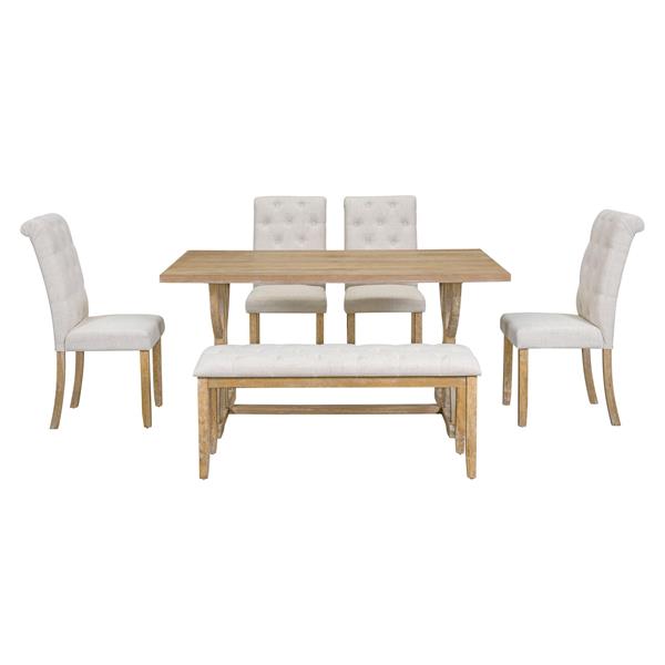 6-Piece Retro Rectangular Dining Table Set, Table with Unique Legs and 4 Upholstered Chairs & 1 Bench for Dining Room and Kitchen (Natural Wood Wash)