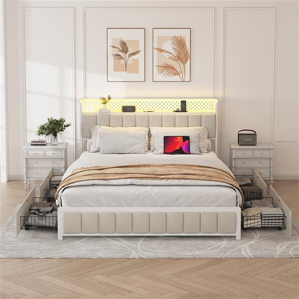 Full Size Platform Bed with 4 Drawers, Metal Bed Frame with LED Lights and Charging Station, No Box Spring Needed, (Beige),  Noise Free,Easy Assemble.