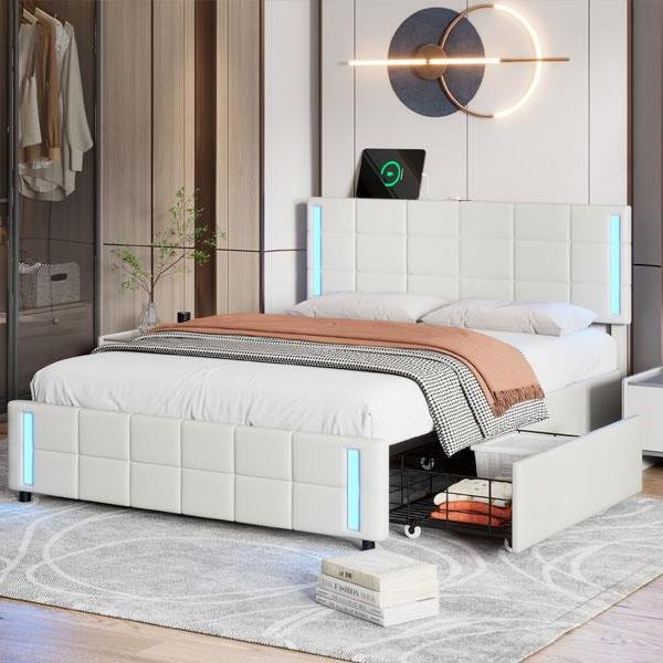 Queen Size Upholstered Platform Bed with LED Lights and USB Charging, Storage Bed with 4 Drawers, White