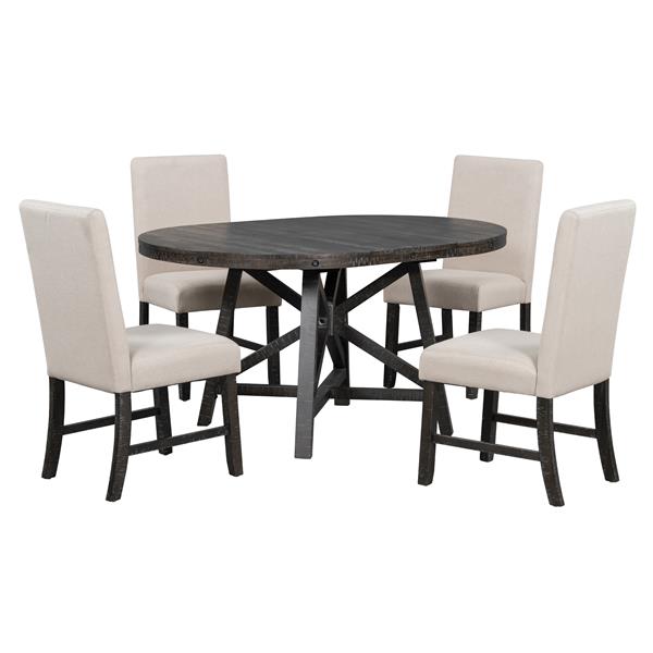 5-Piece Retro Functional Dining Set with Extendable Round Table with Removable Middle Leaf and 4 Upholstered Chairs for Dining Room and Living Room (Black)