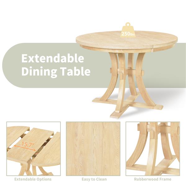 5-Piece Rustic Round Pedestal Extendable Dining Table Set with 15.7" Removable Leaf and Simple Dining Chirs for Small Places, Natural