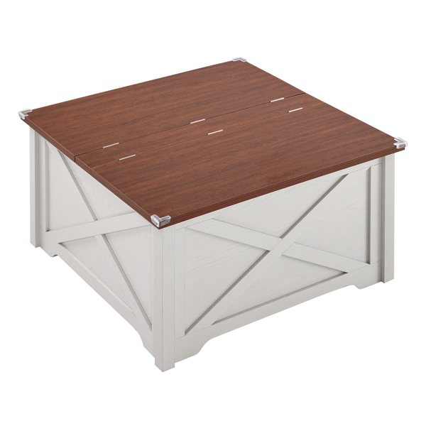 Farmhouse Coffee Table, Square Wood Center Table with Large Hidden Storage Compartment for Living Room, Rustic Cocktail Table with Hinged Lift Top for Home, Brown & White