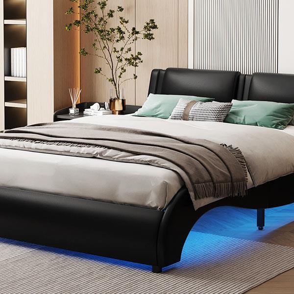 Full Size Upholstered Faux Leather Platform Bed with LED Light Bed Frame with Slatted - Black