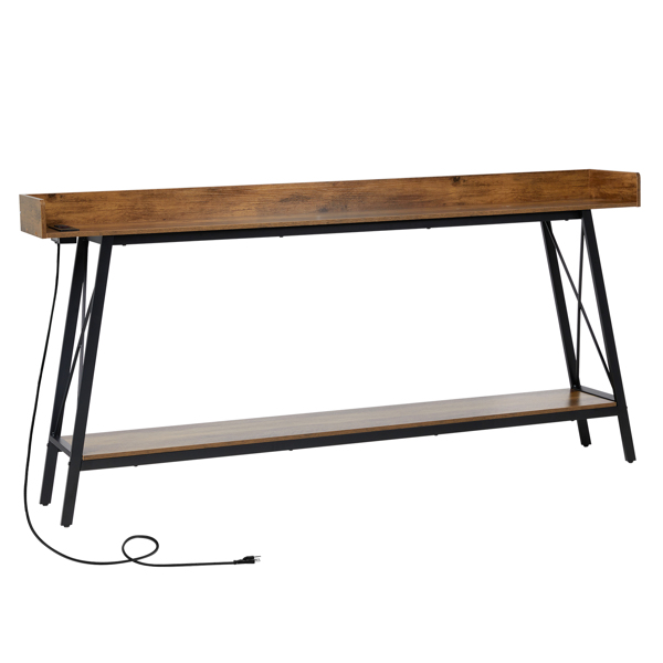 70.9 inch Extra Long Console Table with 2 Power Outlets & USB Ports, Rustic Industrial Sofa Table Behind Couch for Living Room, Narrow Entryway Hallway Long Bar Table, Brown