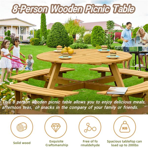 Outdoor 8 Person Picnic Table, 8 person Round Picnic Table with 4 Built-in Benches, Umbrella Hole, Outside Table and Bench Set for Garden, Backyard, Porch, Patio,  Natural