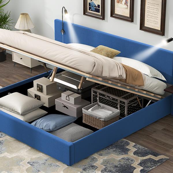 Queen Size Storage Upholstered Hydraulic Platform Bed with 2 Shelves, 2 Lights and USB, Blue