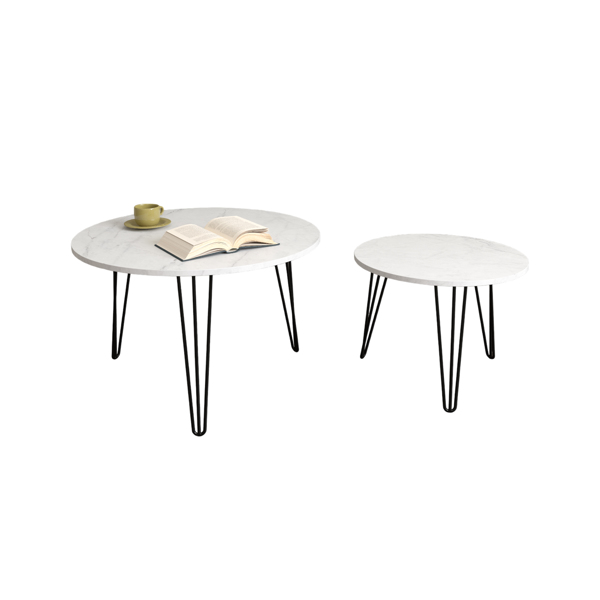 27.56'' Round Nesting Coffee Table Set of 2, Circular Nesting End Table Set, Round Marble Tabletop, and Sturdy Metal Base for Living Room, bedroom, White 