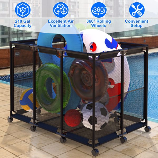 48.4x30.1x33.3in Pool Storage Bin,  210 Gallon for holding swimming equipment，Holder for Noodles, Toys, Floats, Towels, Mesh Organizer for Swimming Equipments with Lockable Wheels