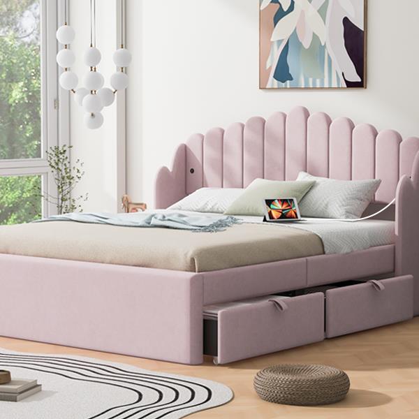 Queen Size Upholstered Platform Bed with 4 Drawers and 2 USB, Pink