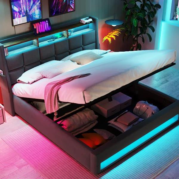 Queen size Upholstered Platform bed with a Hydraulic Storage System, LED and USB Charging, Grey (without mattress)