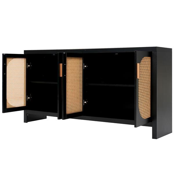 Modern TV Stand for 65-inch TV with Rattan Doors, Adjustable Shelves and Metal Handles for Living Room, Black