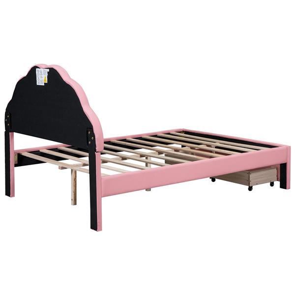 Full Size Upholstered Platform Bed with Seashell Shaped Headboard, LED and 2 Drawers, Pink