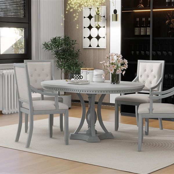 Retro 5-piece Dining Set Extendable Round Table and 4 Chairs for Kitchen Dining Room(ANTIQUE GRAY OAK)