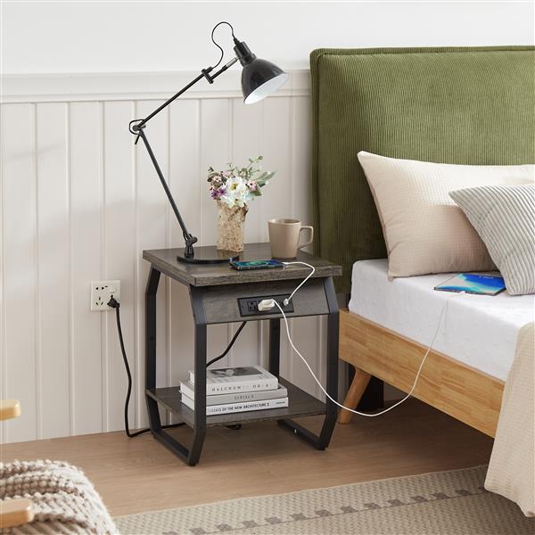 Side Table with Charging Station, Set of 2 End Tables with USB Ports and Sockets, Bedside Tables in Living Room, Bedroom, Dark Grey,17.32'' W x 17.32'' D x 21.65'' H.