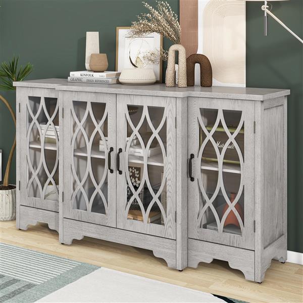 Retro Sideboard Glass Door with Curved Line Design Ample Storage Cabinet with Black Handle and Three Adjustable Shelves for Dining Room and Kitchen (Antique White)