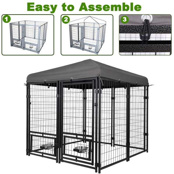 Outdoor Dog Kennel 4.5' x 4.5' x 4.8' with Waterproof Canopy Roof Heavy Duty Metal Dog Cage with Rotating Feeding Door