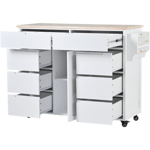 Kitchen Cart with Rubber Wood Countertop , Kitchen Island has 8 Handle-Free Drawers Including a Flatware Organizer and 5 Wheels for Kitchen Dinning Room, White