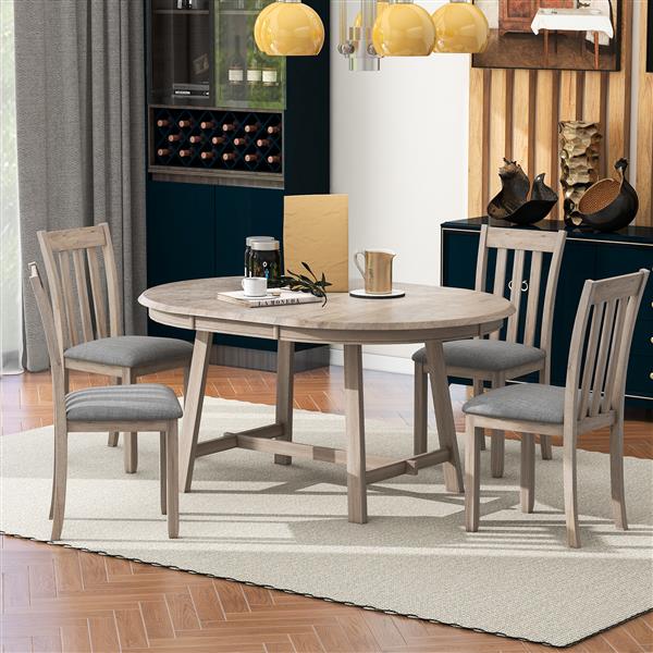 5-Piece Wood Dining Table Set Round Extendable Dining Table with 4 Dining Chairs, Dining Room Table Set for 4 person for Dining Room (Natural Wood Wash)