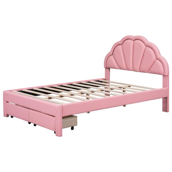 Full Size Upholstered Platform Bed with Seashell Shaped Headboard, LED and 2 Drawers, Pink