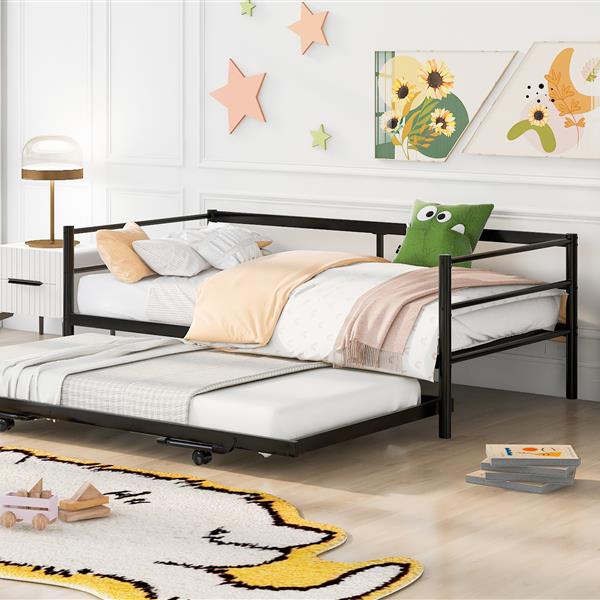 Twin Size Metal Daybed with Adjustable Trundle, Pop Up Trundle, Black