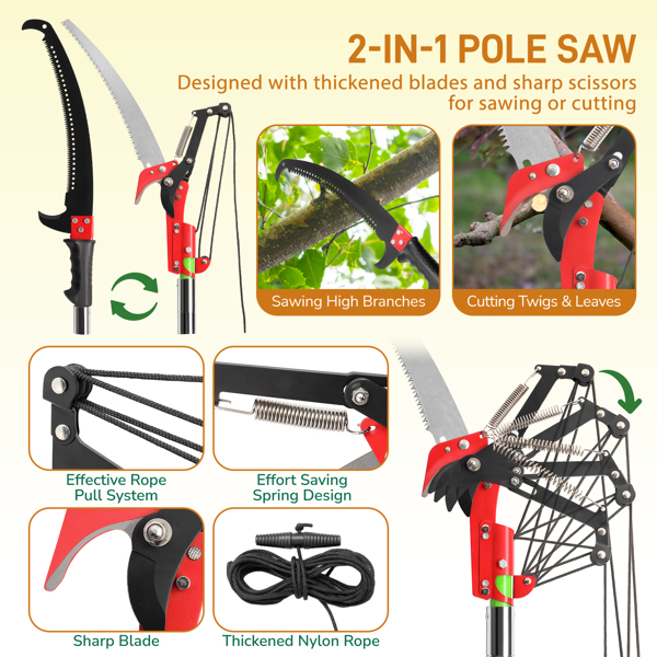 26ft Manual Pole Saw, Lightweight Tree Trimmers Long Handle Pruner Set, Sharp Steel Blade and Scissors Pole Saw for Trimming Palm, Pear Tree, Fir Tree, Other High Trees and Shrubs