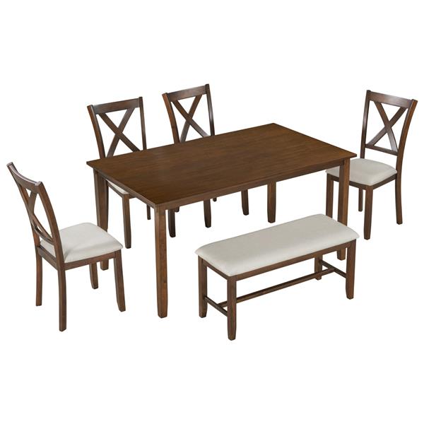 6-Piece Kitchen Dining Table Set Wooden Rectangular Dining Table, 4 Fabric Chairs and Bench Family Furniture (Natural Cherry)