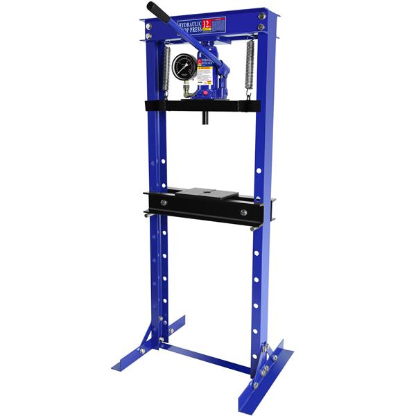 Steel H-Frame Hydraulic Shop Press with Stamping Plates to Bend, Straighten, or Press Parts, with a pressure gauge, Install Bearings and U-Joints, 12 Ton (24,000 lb) Capacity