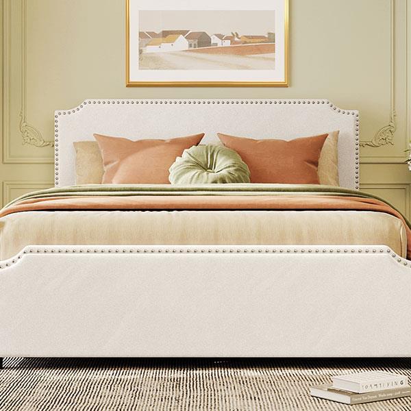 Upholstered Platform Bed with Stud Trim Headboard and Footboard and 4 Drawers No Box Spring Needed, Velvet Fabric, Queen Size (Beige)