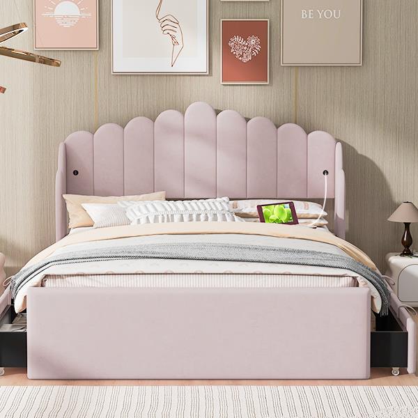 Full Size Upholstered Platform Bed with 4 Drawers and 2 USB, Pink