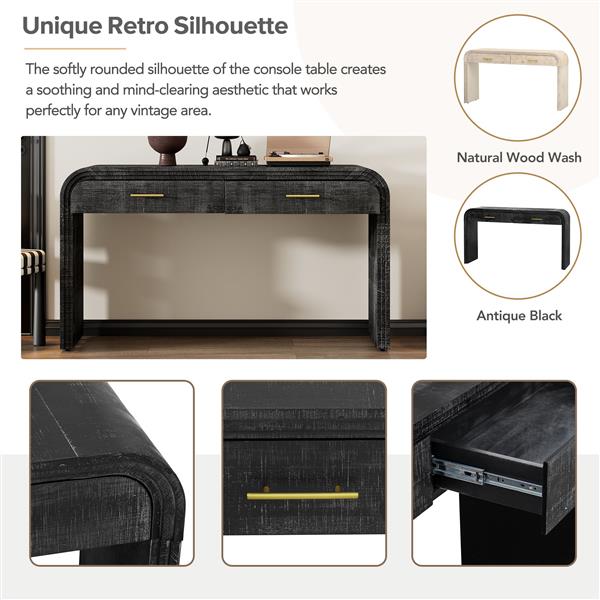 Unique Retro Silhouette Console Table with Open Style, Two Top Drawers for Entrance, Dinning Room, Living Room (Antique Black)