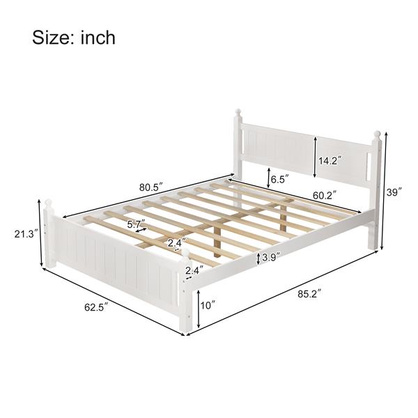 Queen Size Solid Wood Platform Bed Frame for Kids, Teens, Adults, No Need Box Spring, White