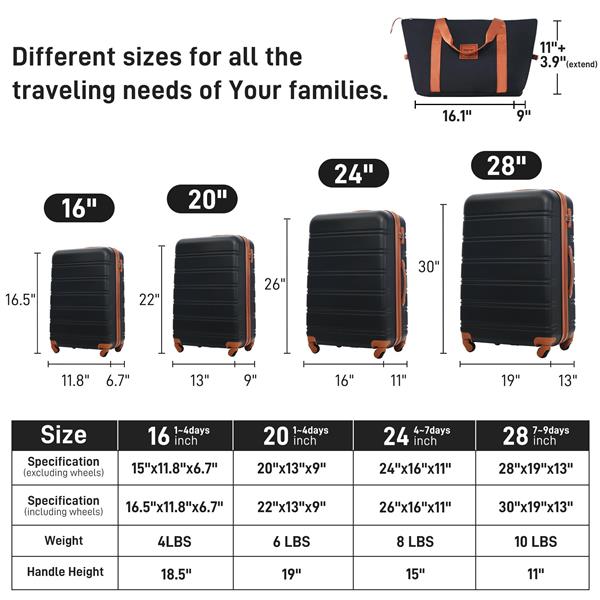 Hardshell Luggage Sets 4 pcs + Bag Spinner Suitcase with TSA Lock Lightweight-16"+20"+24"+28" Luggages