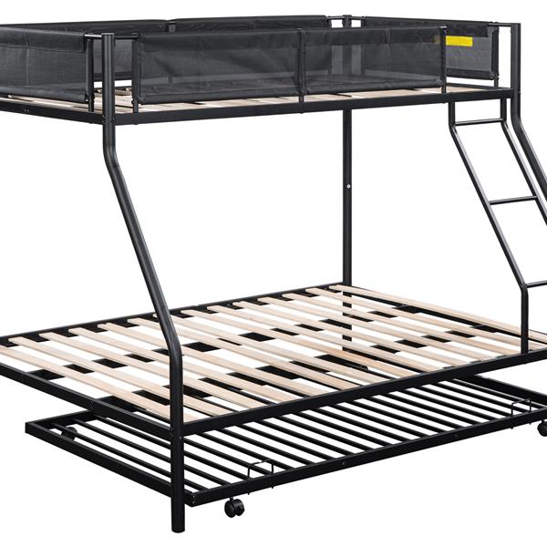 Twin over Full Metal Bunk Bed with Trundle/ Sturdy Metal Bed Frame/ Noise-Free Wood Slats/ Comfortable Textilene Guardrail/ Space-saving Trundle/ Bunk Bed for Three/ No Box Spring Needed