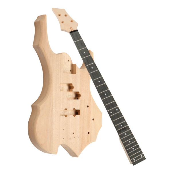 DIY 4 String Flame Shaped Style Electric Bass Guitar Kits with Mahogany Body, Maple Neck and Accessories