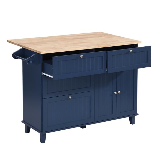 Farmhouse Kitchen Island Set with Drop Leaf and 2 Seatings,Dining Table Set with Storage Cabinet, Drawers and Towel Rack, Blue+Black+Brown