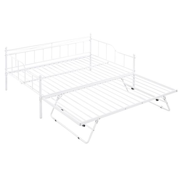 Full Size Metal Daybed with Twin Size Adjustable Trundle, Portable Folding Trundle, White