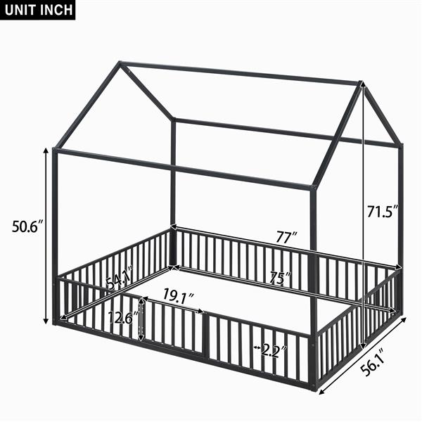 Full Size Metal House Bed with Fence and Door, Black