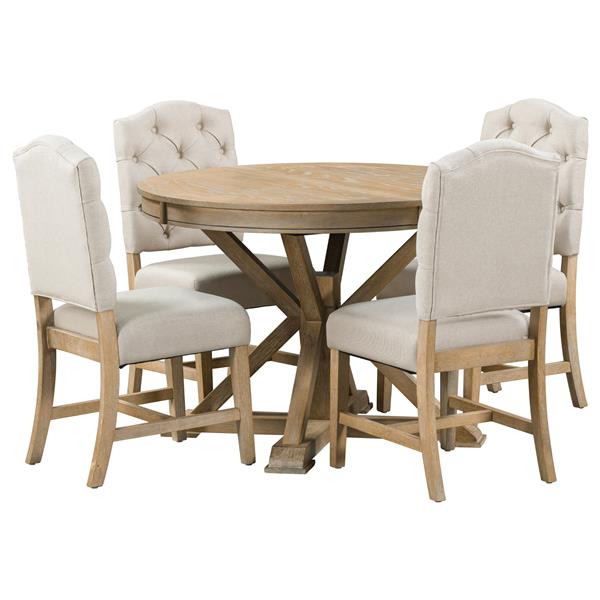 Functional Furniture Retro Style Dining Table Set with Extendable Table and 4 Upholstered Chairs for Dining Room and Living Room(Natural Wood Wash)