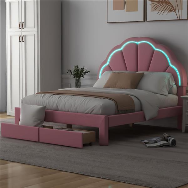 Full Size Upholstered Platform Bed with Seashell Shaped Headboard, LED and 2 Drawers, Pink