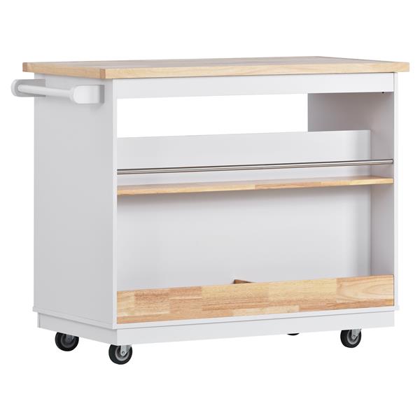 Rolling Kitchen Island with Storage, Two-sided Kitchen island Cart on Wheels with RubberWood Top,Wine and Spice Rack, Large Kitchen Cart with 2 Drawers, 3 Open Compartments, White