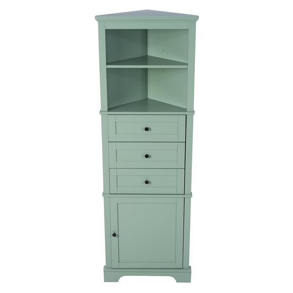 Green Triangle Tall Cabinet with 3 Drawers and Adjustable Shelves for Bathroom, Kitchen or Living Room, MDF Board with Painted Finish