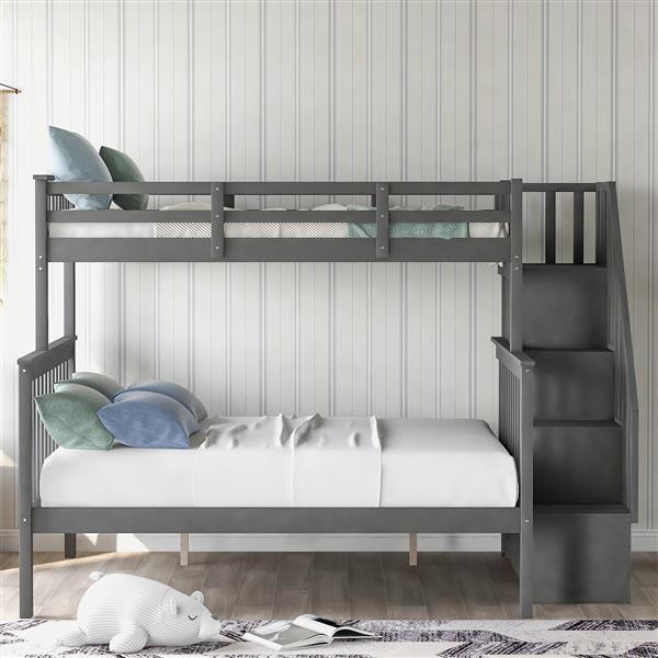 Stairway Twin-Over-Full Bunk Bed with Storage and Guard Rail for Bedroom, Gray color