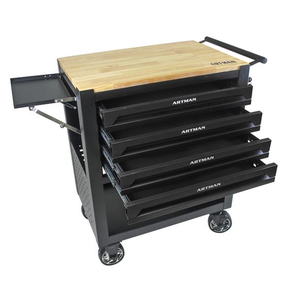 4 DRAWERS MULTIFUNCTIONAL TOOL CART WITH WHEELS AND WOODEN TOP-BLACK