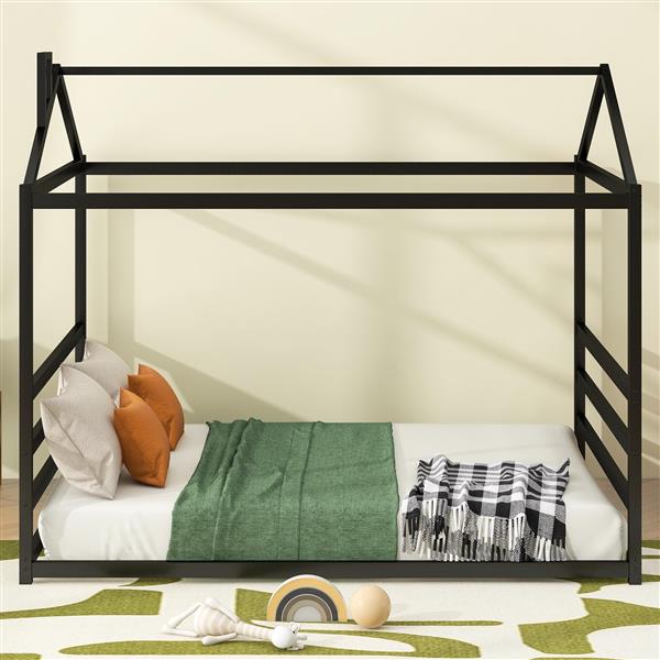 Metal House Shape Platform Bed, Black, Queen