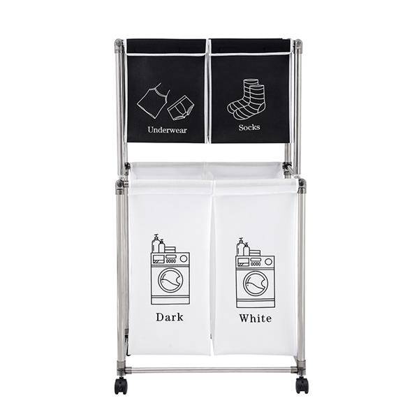 Laundry Basket 2 Tier Clothes Sorter with 4 Removable Bags to Organize Clothes, With Four Wheels, Easy to Move, Laundry, Light, Dark