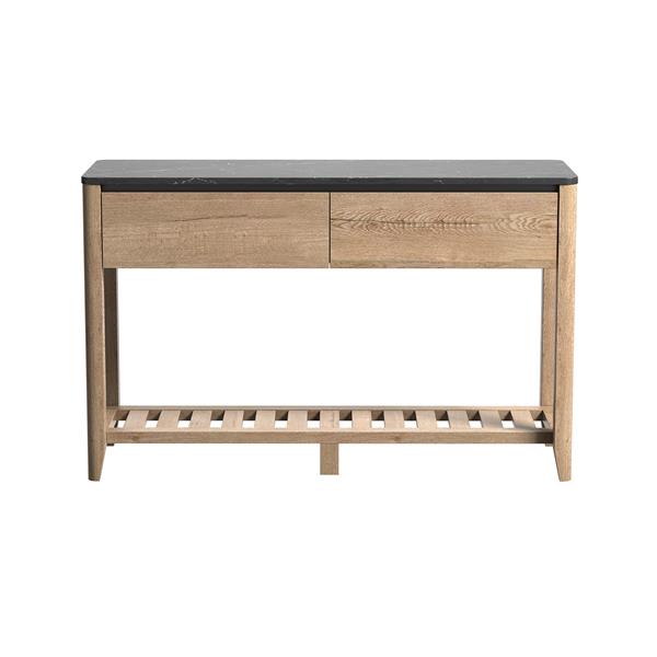 47 Inch Modern Farmhouse Double Drawers Console Table for Living Room or Entryway, Tobacco Wood and White Marble Texture