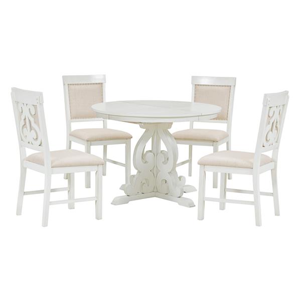 5-Piece Retro Functional Dining Set, 1 Extendable Table with a 16-inch Leaf and 4 Upholstered Chairs for Dining Room and Kitchen (Antique White)