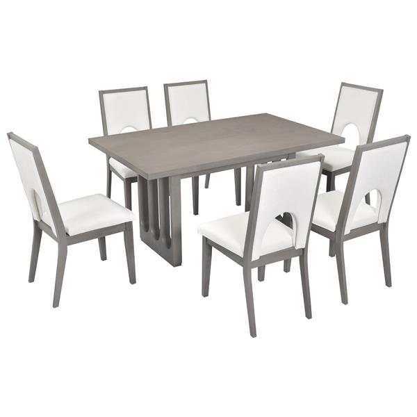 Wood Dining Table Set for 6, Farmhouse Rectangular Dining Table and 6 Upholstered Chairs Ideal for Dining Room, Kitchen (Grey+Beige)