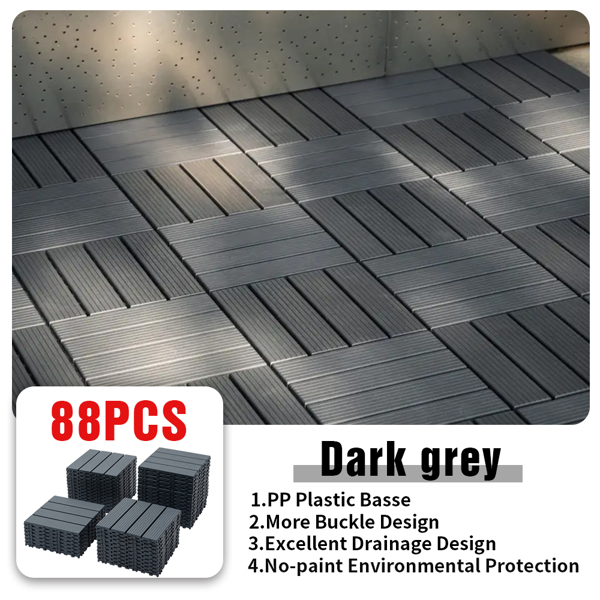 88pcs Straight stripe dark grey 11.8 "x 11.8" (30cmx30cm) interlocking deck plastic tiles, non-slip and waterproof, indoor and outdoor all-day terrace tiles, 3D imitation wood grain, patio, balcony